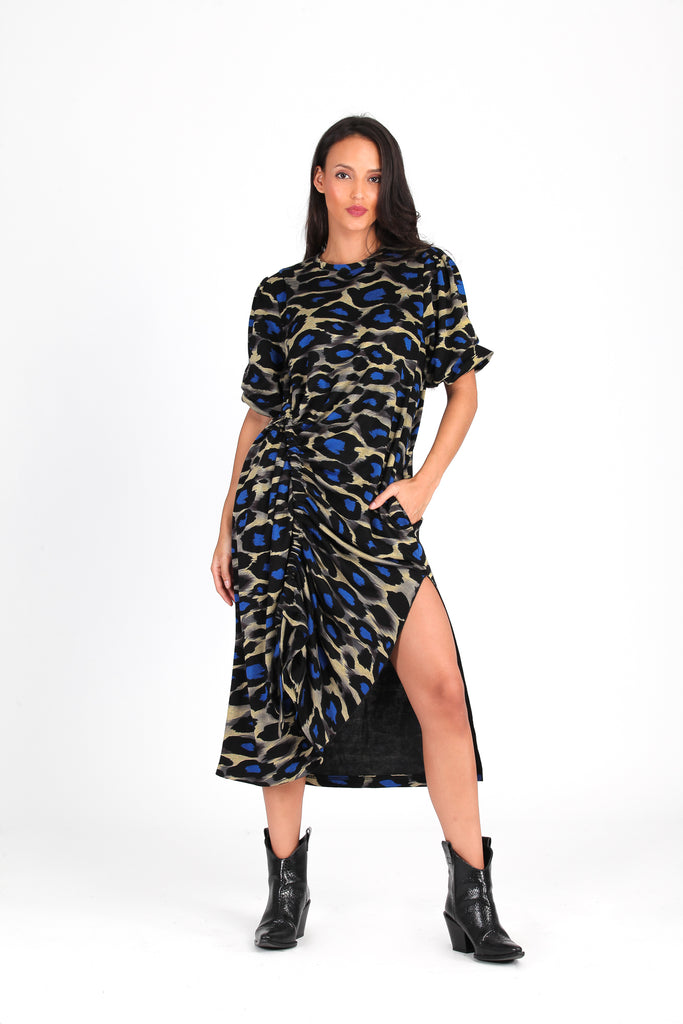 Vestido midi fruncido print azul