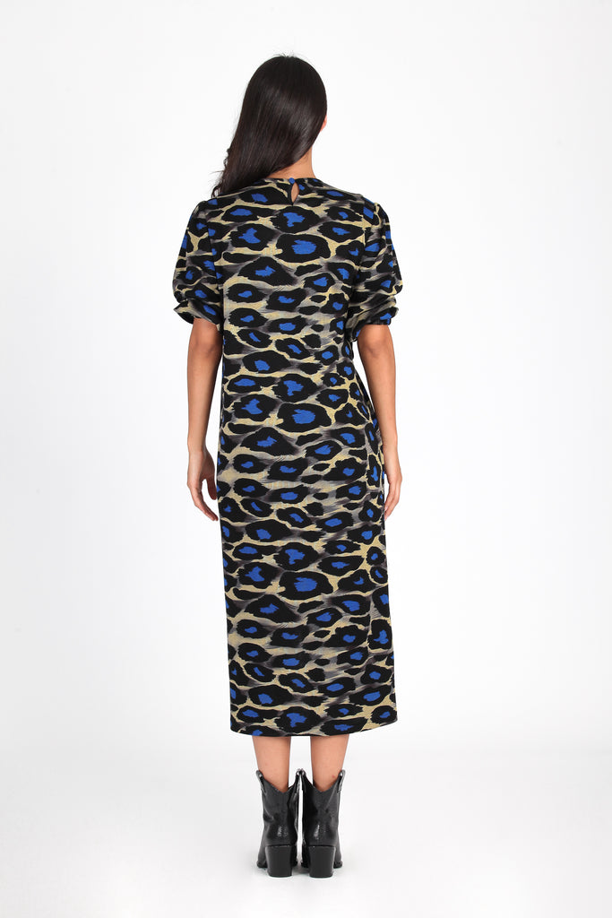 Vestido midi fruncido print azul