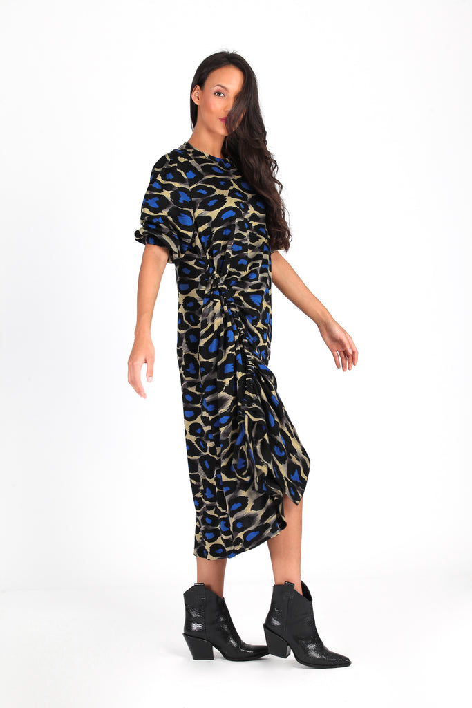 Vestido midi fruncido print azul