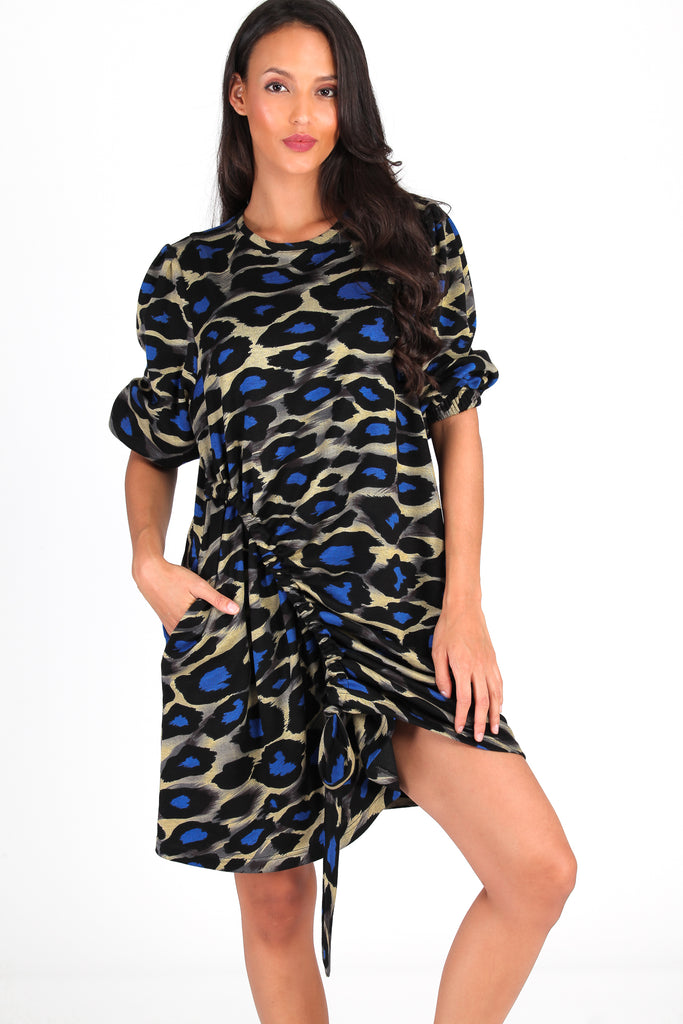 Vestido fruncido print azul