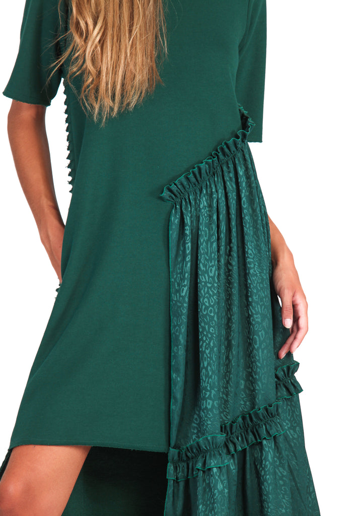 Vestido volantes satén print verde