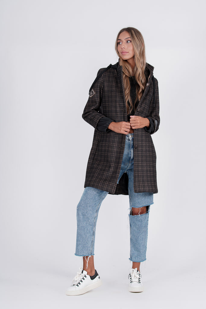 Abrigo combinado cuadros & capucha gabardina · MARRON ·