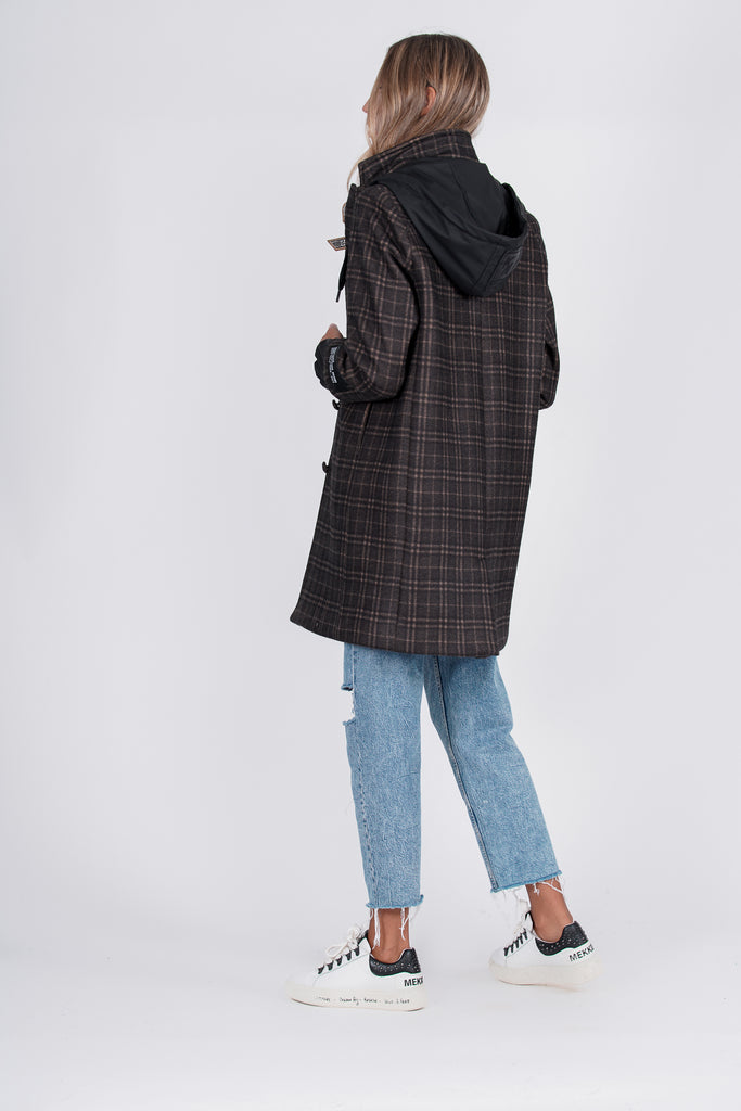 Abrigo combinado cuadros & capucha gabardina · MARRON ·
