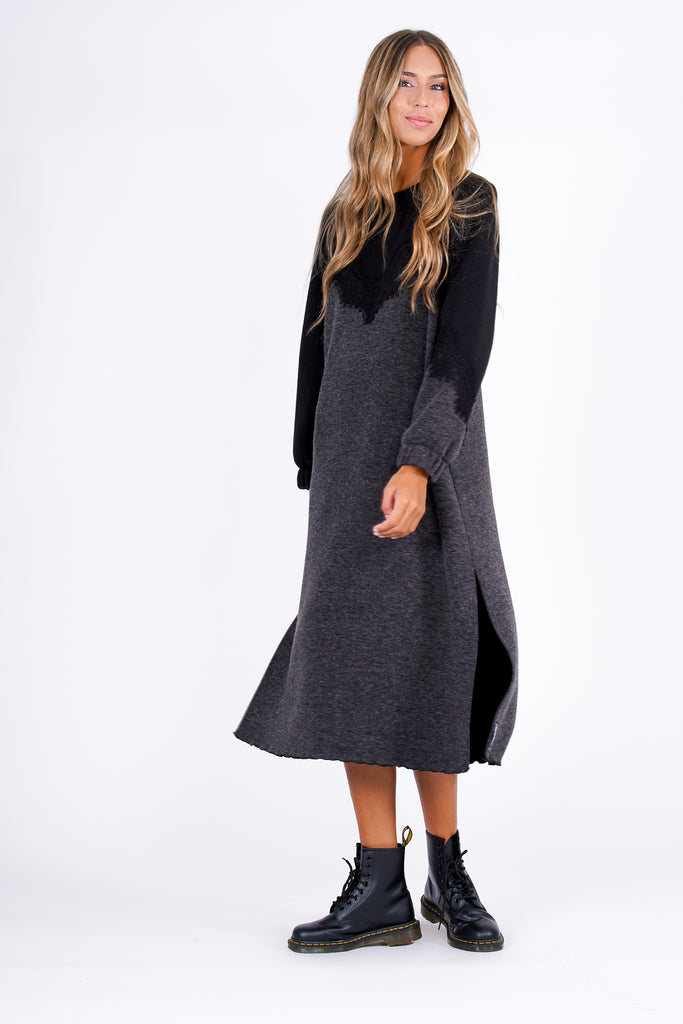 Vestido midi punto gris y negro