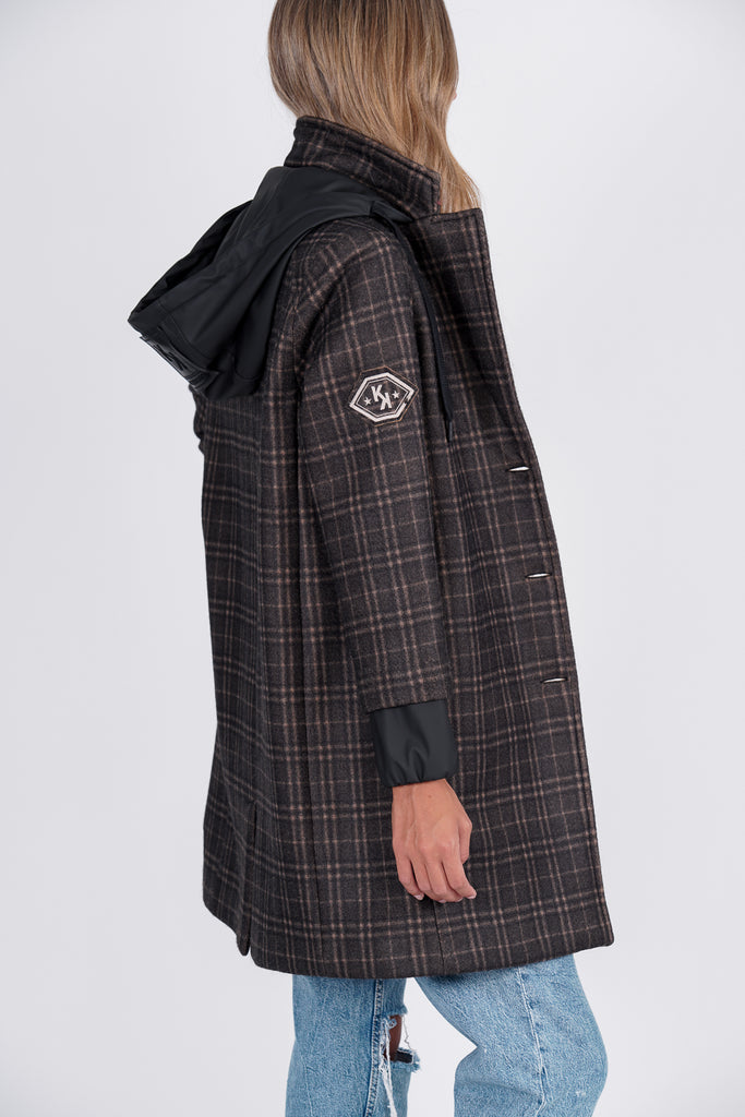Abrigo combinado cuadros & capucha gabardina · MARRON ·