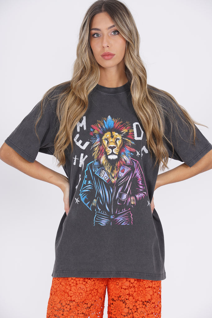 Camiseta unisex león rock negro lavado