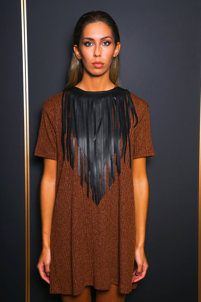 Vestido corto lurex cobre & flecos