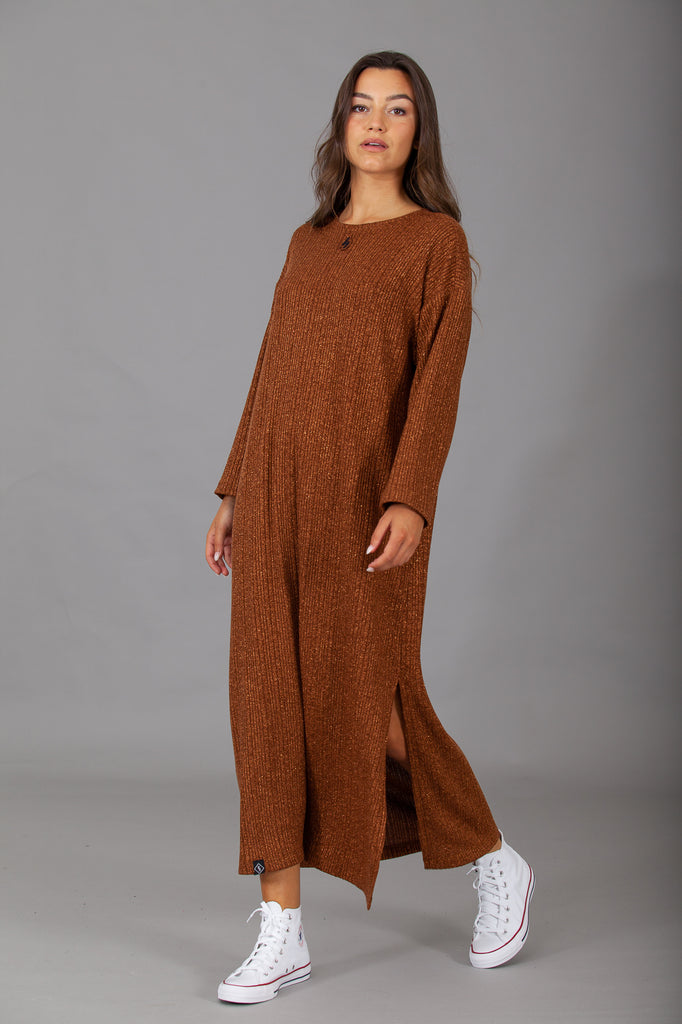 Vestido abertura punto canalé lurex · COBRE ·