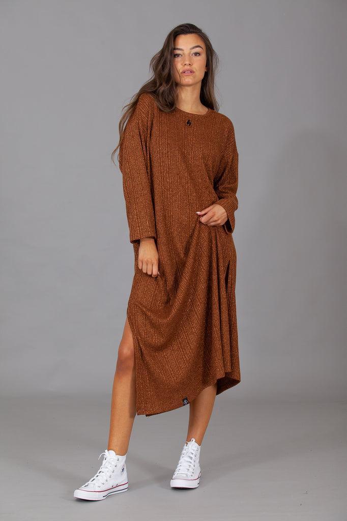 Vestido abertura punto canalé lurex · COBRE ·