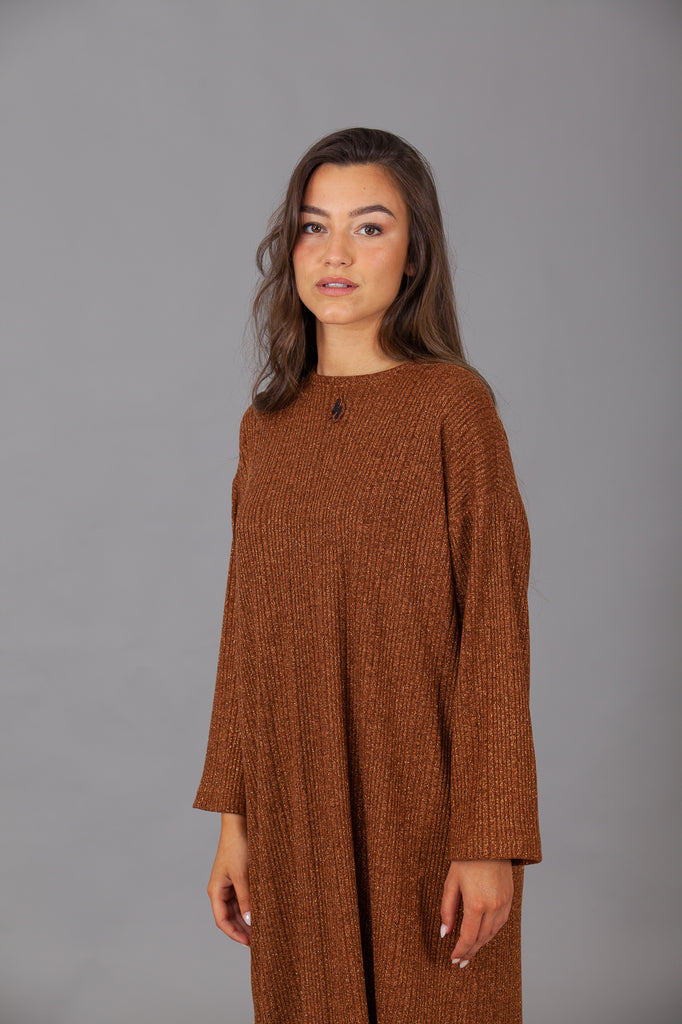 Vestido abertura punto canalé lurex · COBRE ·