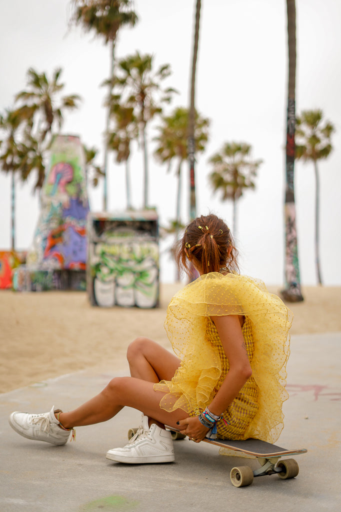 Vestido drapeado VICHY & ORGANZA · AMARILLO & MORADO ·