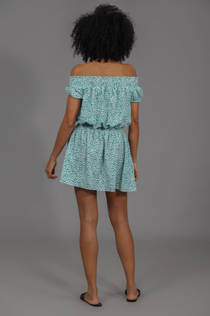 Vestido hombros descubiertos gomas · PRINT VERDE AGUA ·