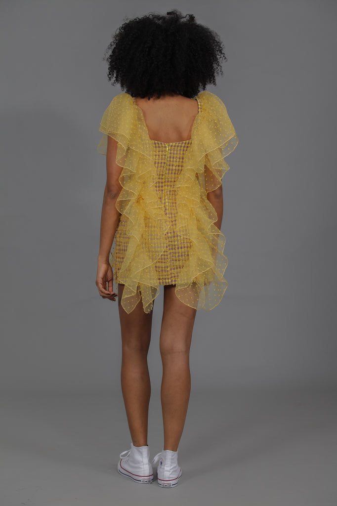 Vestido drapeado VICHY & ORGANZA · AMARILLO & MORADO ·