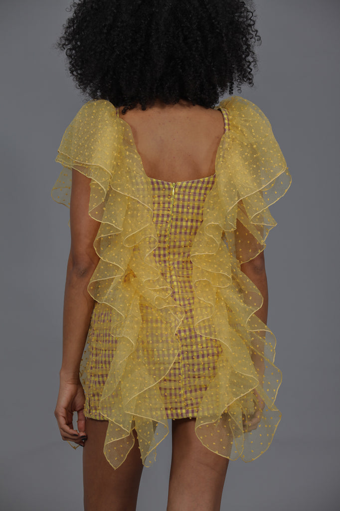 Vestido drapeado VICHY & ORGANZA · AMARILLO & MORADO ·