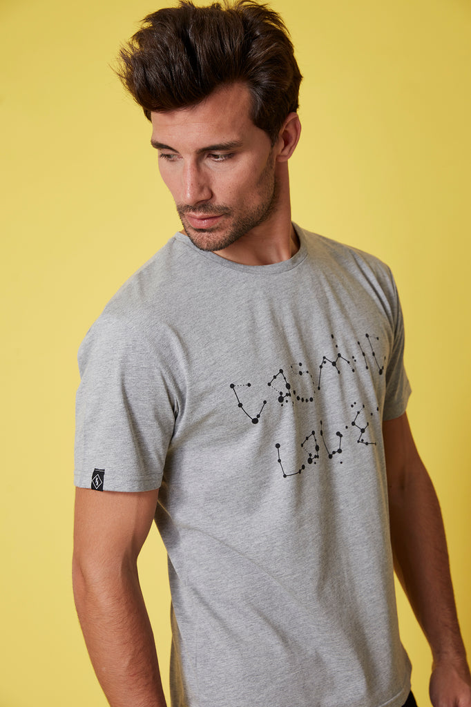Camiseta HE gris COSMIC LOVE constelaciones  espalda redondeada