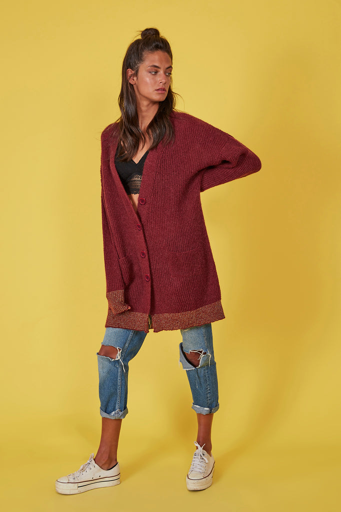 Cardigan Mohair granate & Lurex oro