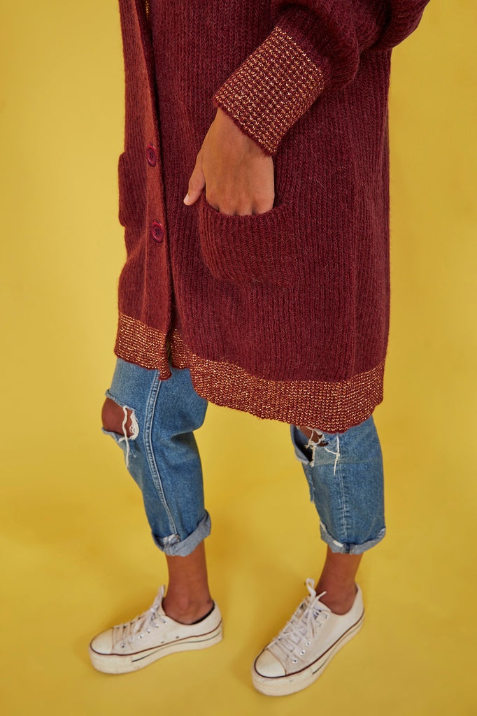 Cardigan Mohair granate & Lurex oro